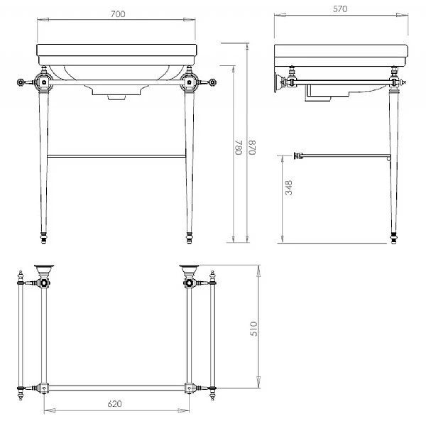 C.P. Hart London Basin Stand With Rails & Glass Shelf For 700mm Washbasin 5 C.P. Hart London Basin Stand With Rails & Glass Shelf For 700mm Washbasin - Image 3