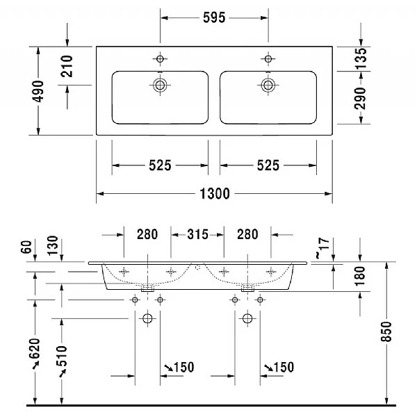 Duravit ME By Starck Double Furniture Washbasin 1300mm Satin Matt White 4 Duravit ME By Starck Double Furniture Washbasin 1300mm Satin Matt White - Image 2